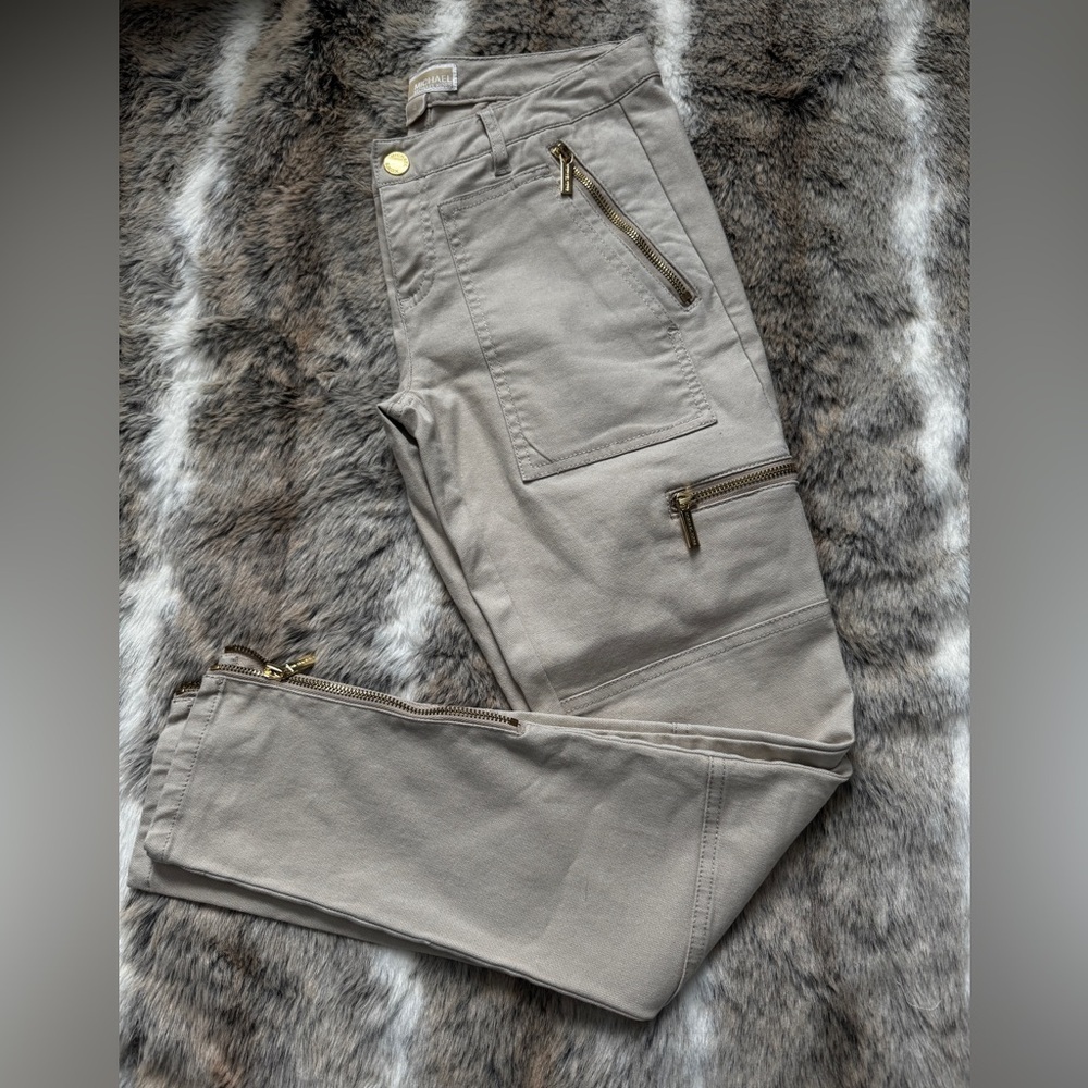 Michael Kors Soft Ankle Skinny Zipper Cargo Pants In Tan Size 4